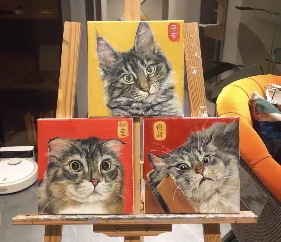custom pet family portrait set with three hand painted pet portraits