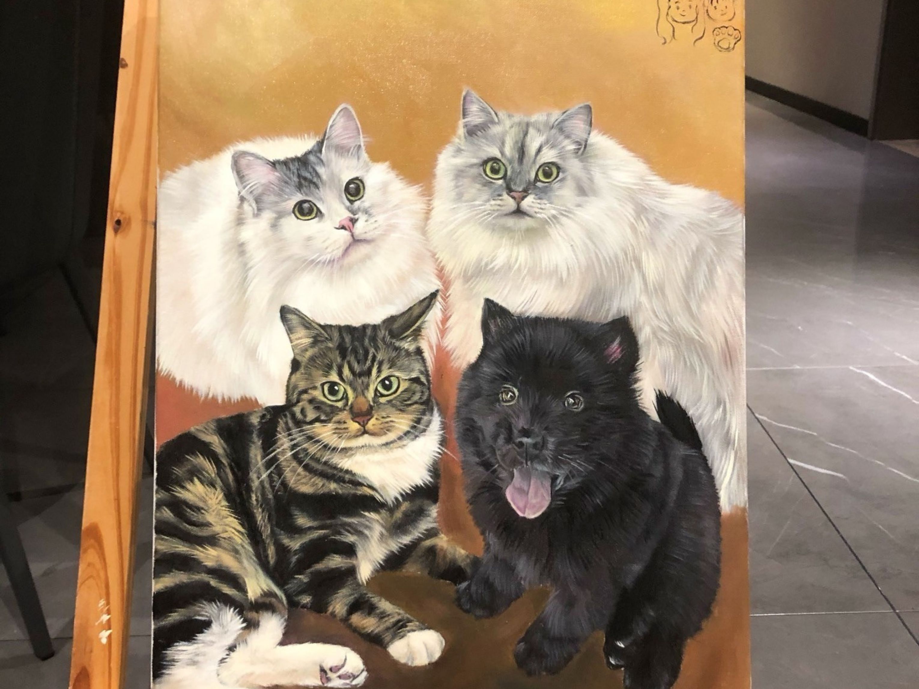 Custom hand-painted multi-pet portrait with several pets together on canvas