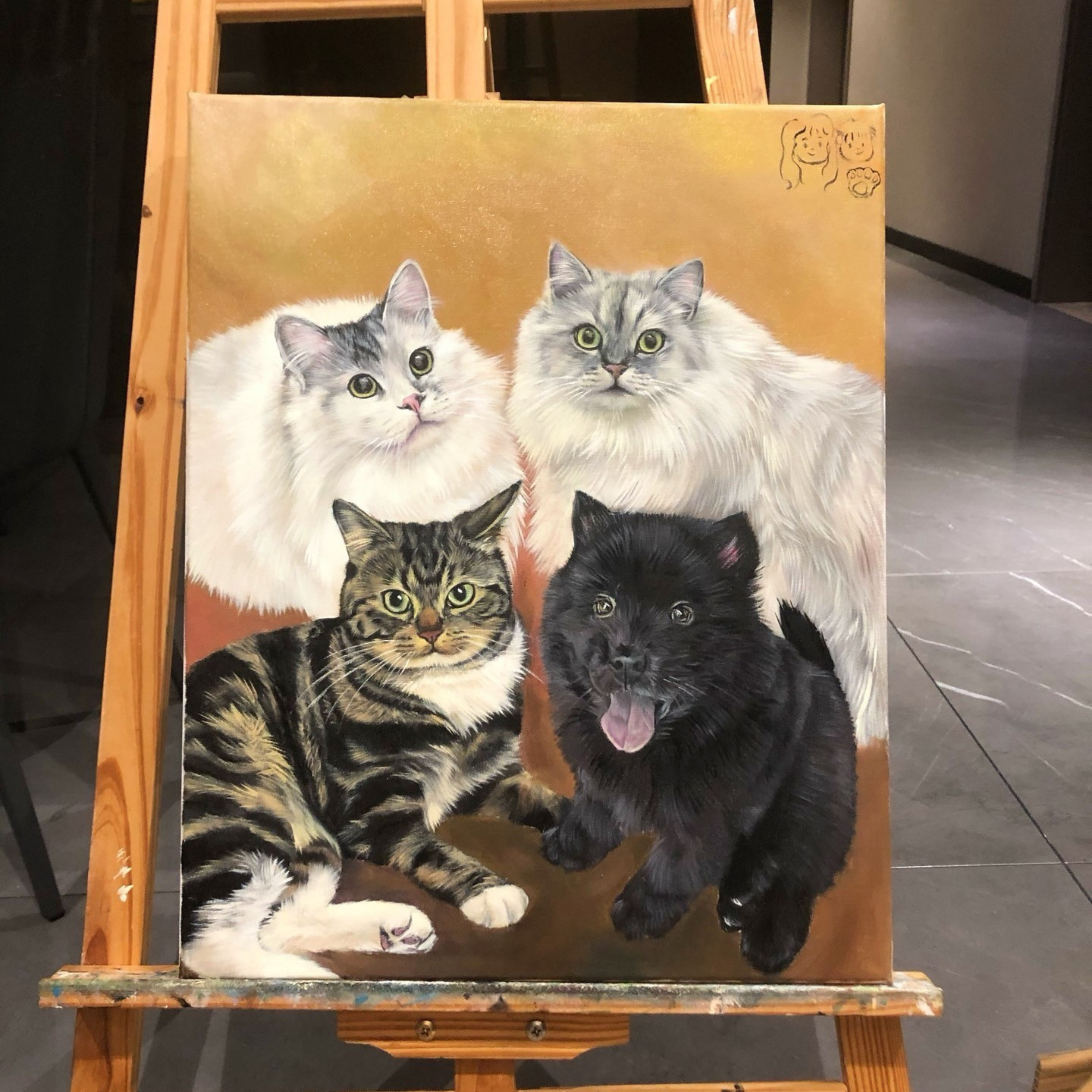 Custom hand-painted multi-pet portrait with several pets together on canvas