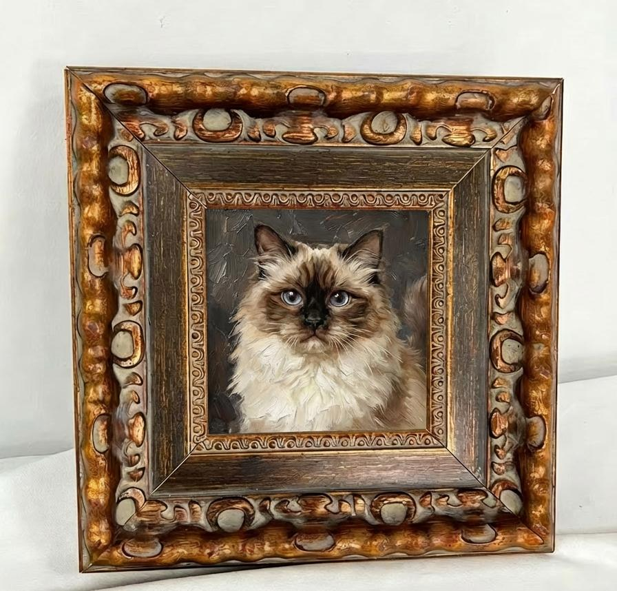 Custom framed pet portrait in vintage Baroque wooden frame, hand-painted oil style wall art by Everpaw