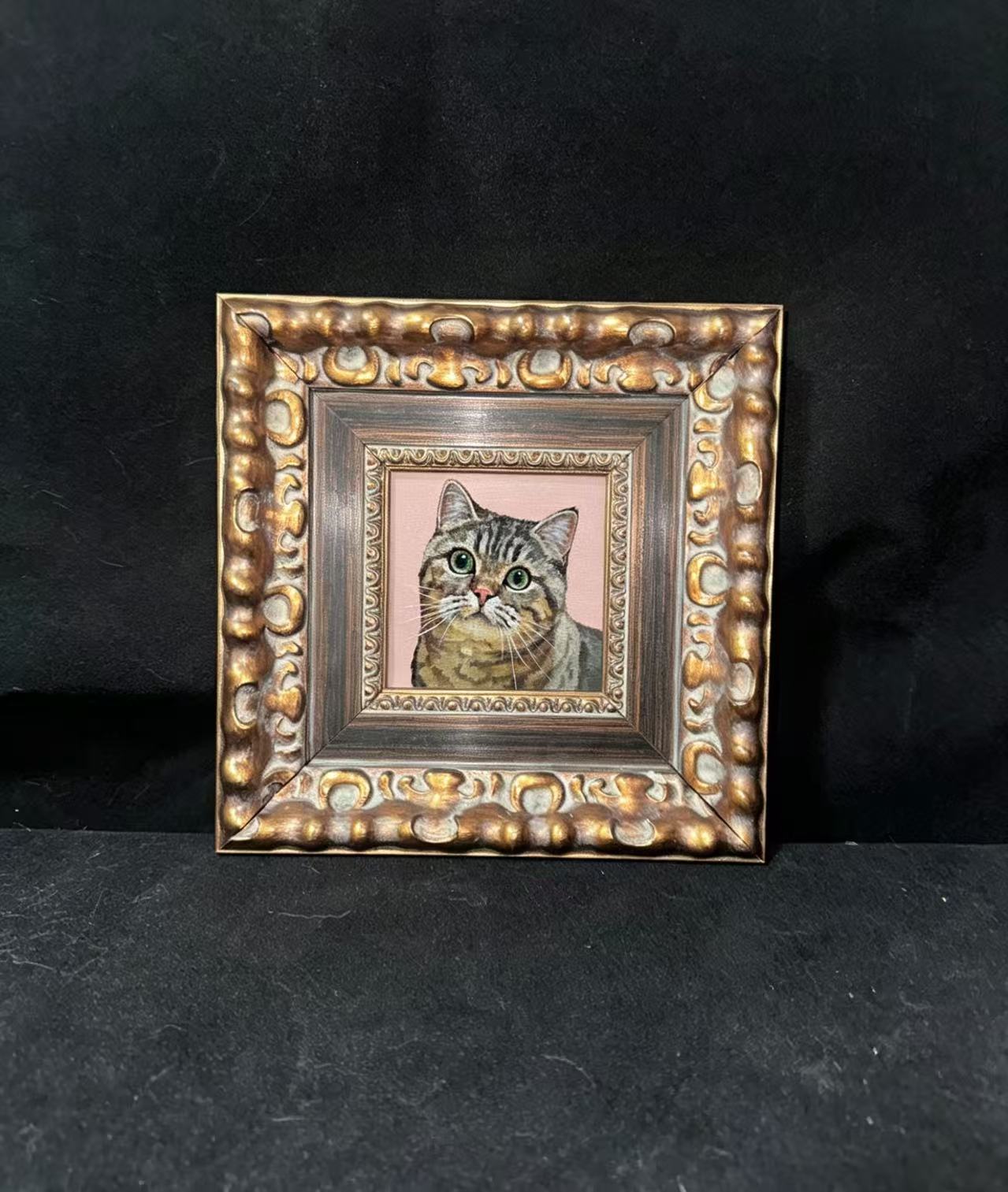 Custom framed pet portrait commissions in vintage Baroque wooden frame, hand-painted oil style wall art by Everpaw