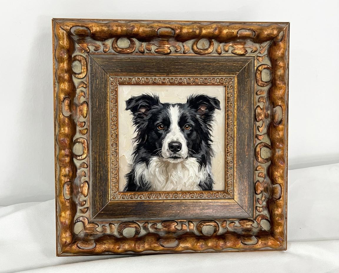 Custom framed pet portrait in vintage Baroque wooden frame, hand-painted oil style wall art by Everpaw