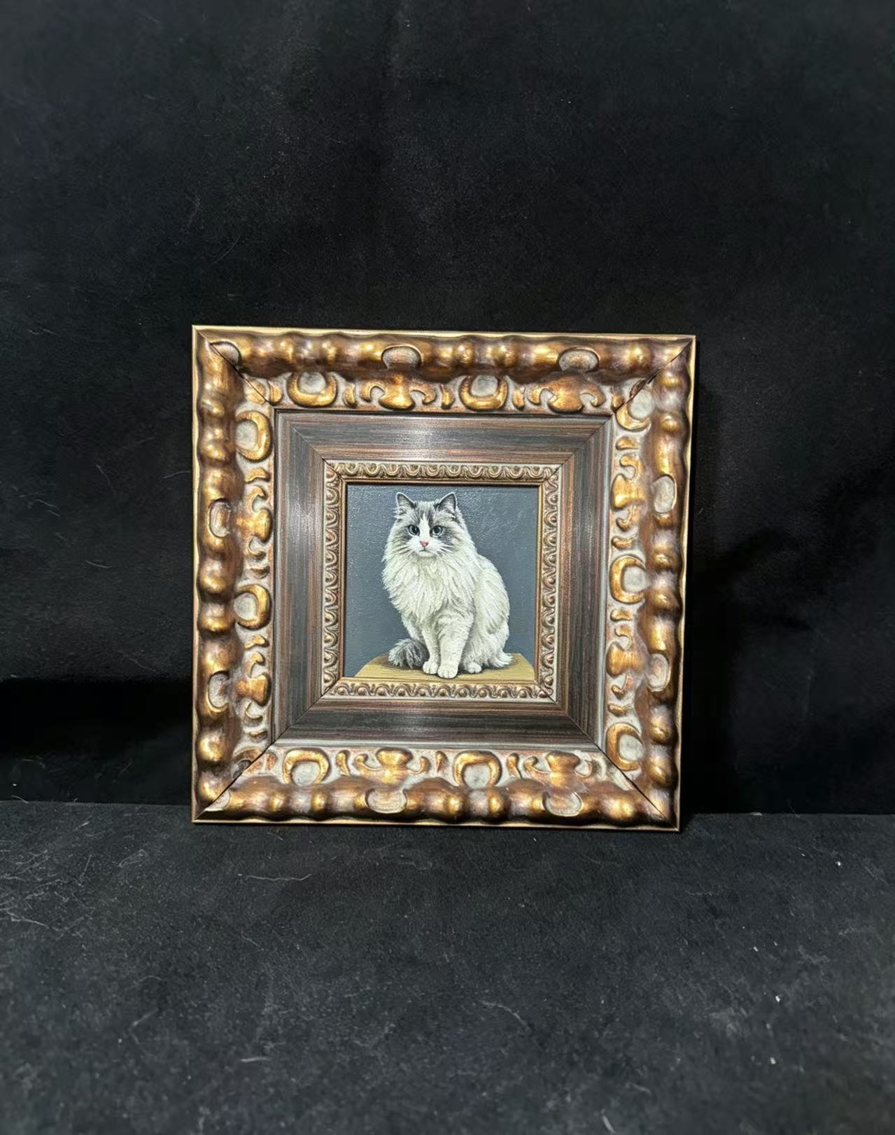 Custom framed pet portrait commissions in vintage Baroque wooden frame, hand-painted oil style wall art by Everpaw