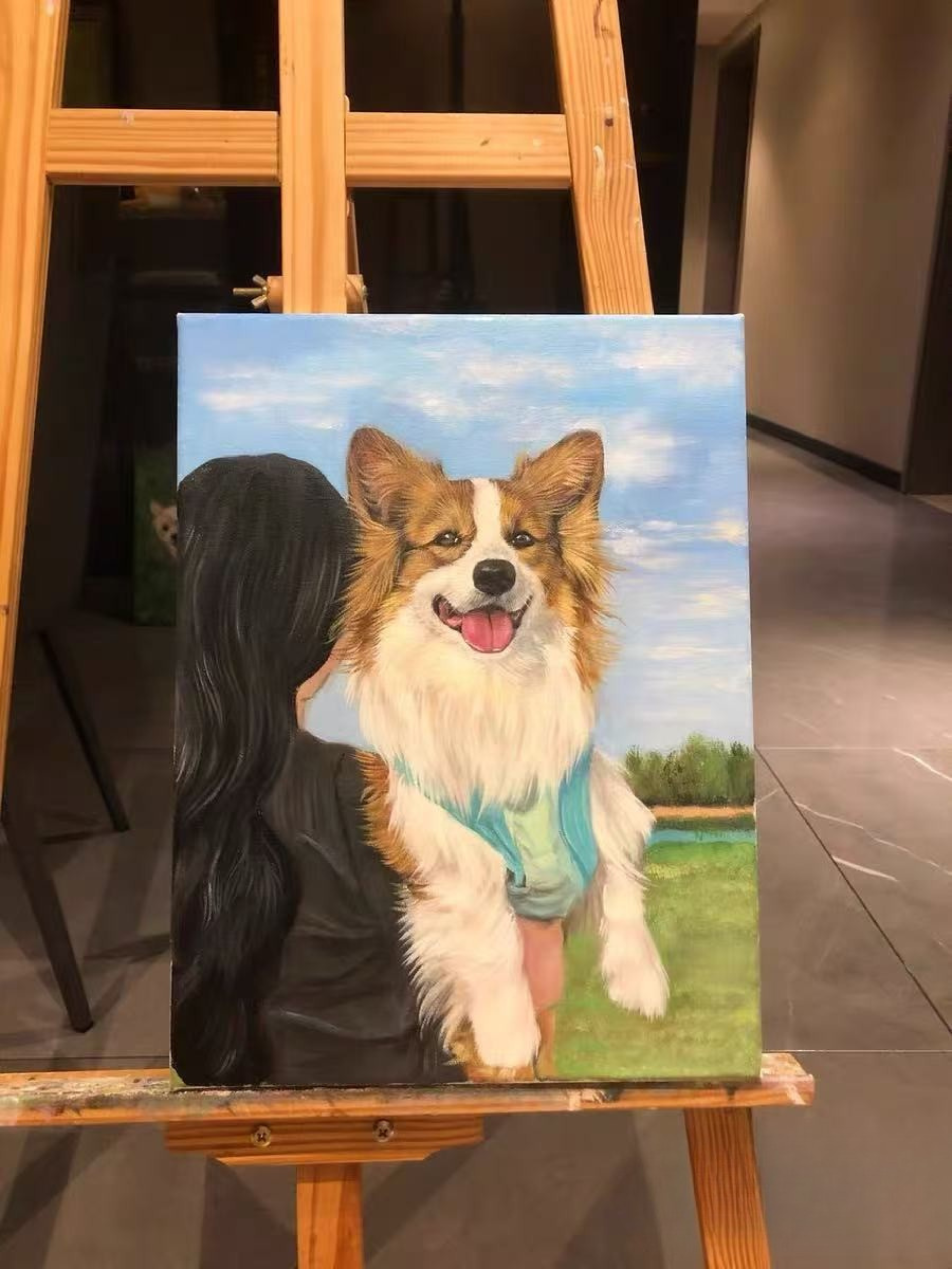 Custom hand-painted full body pet portrait on canvas from photo