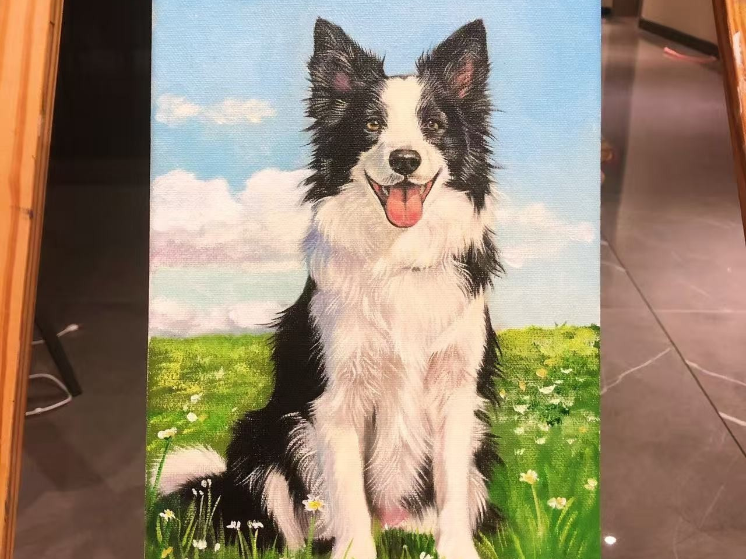 Custom hand-painted full body dog portrait on canvas from photo