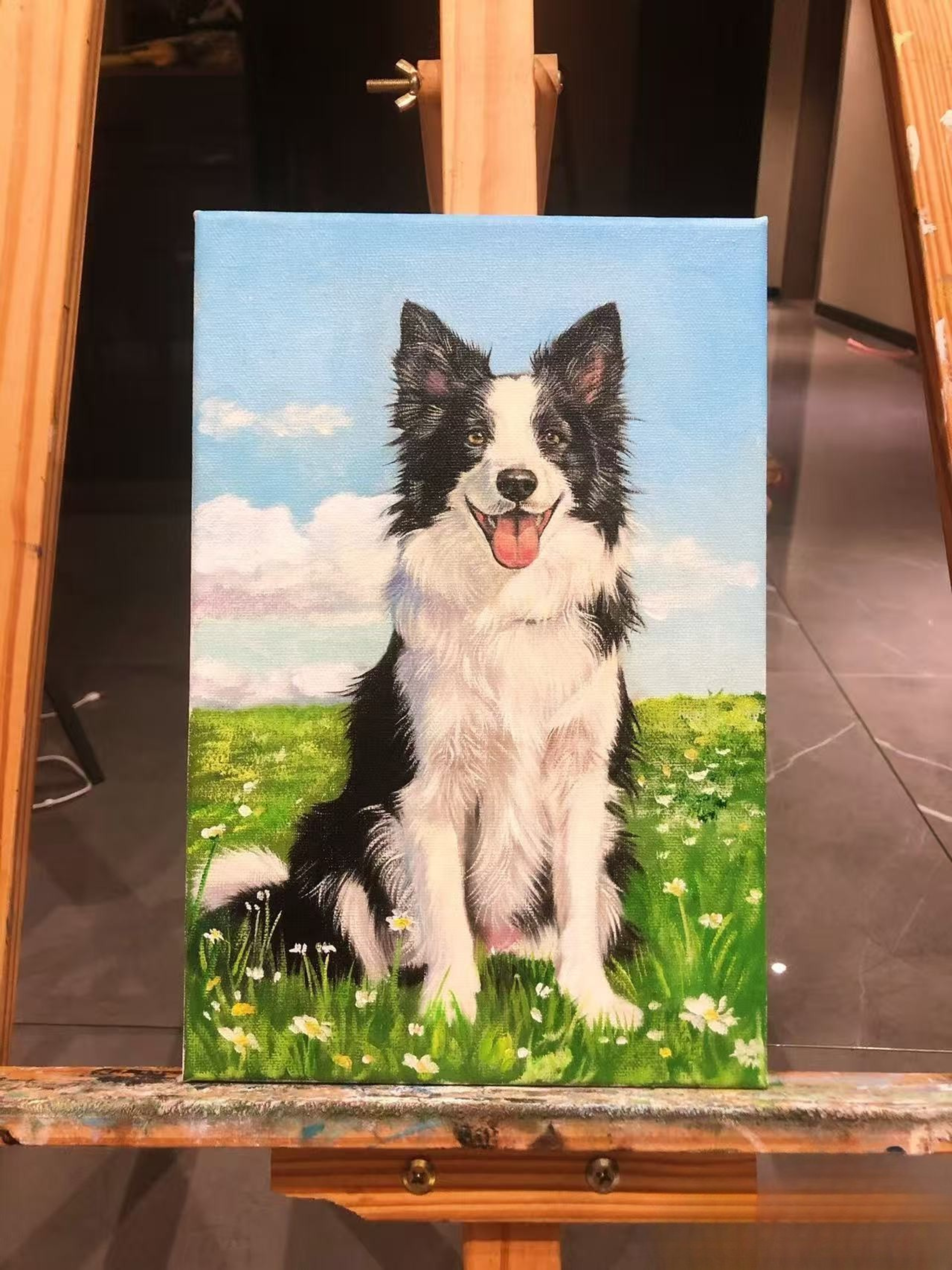 Custom hand-painted full body dog portrait on canvas from photo