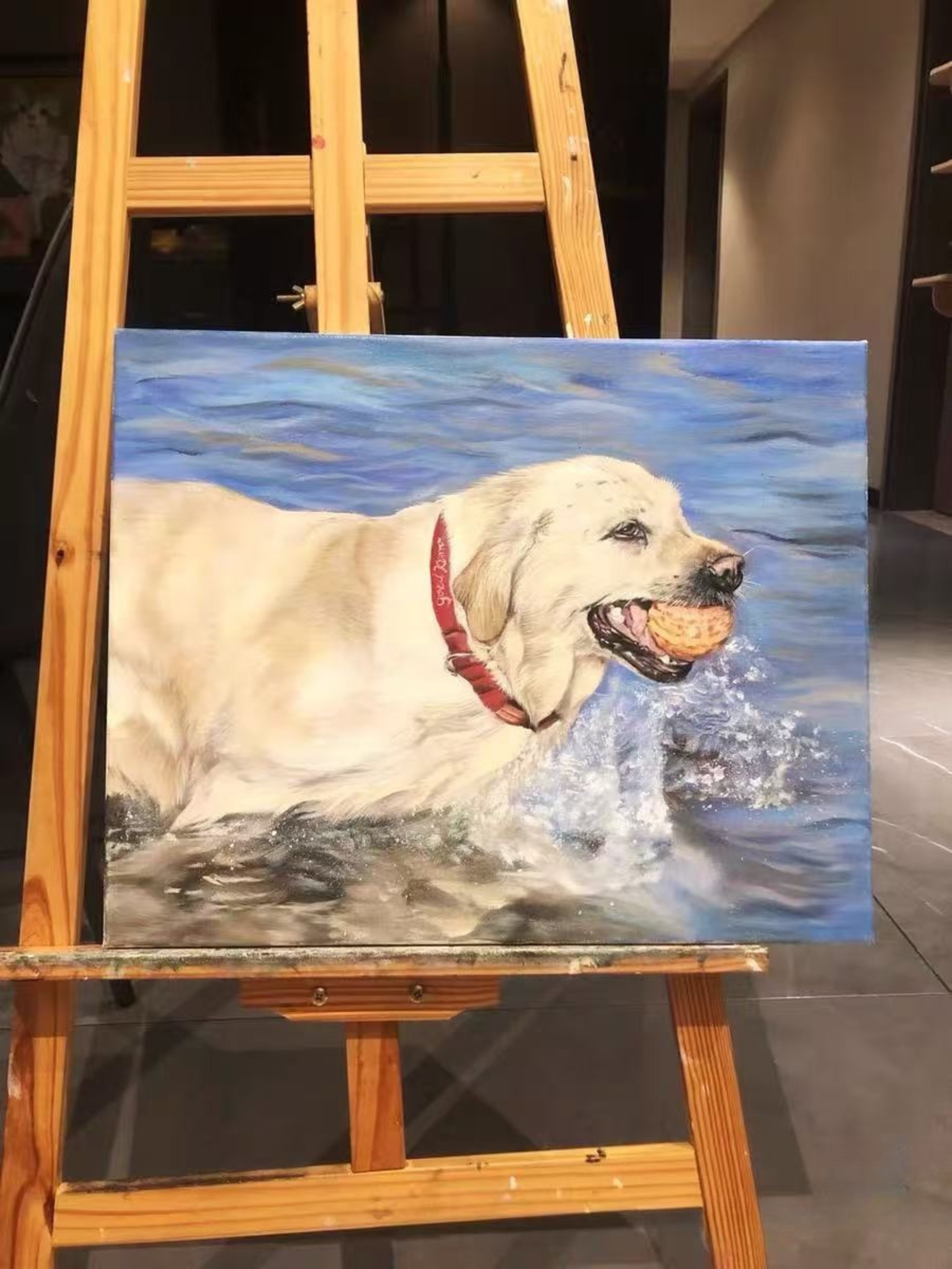  Custom hand-painted full body dog portrait on canvas from photo