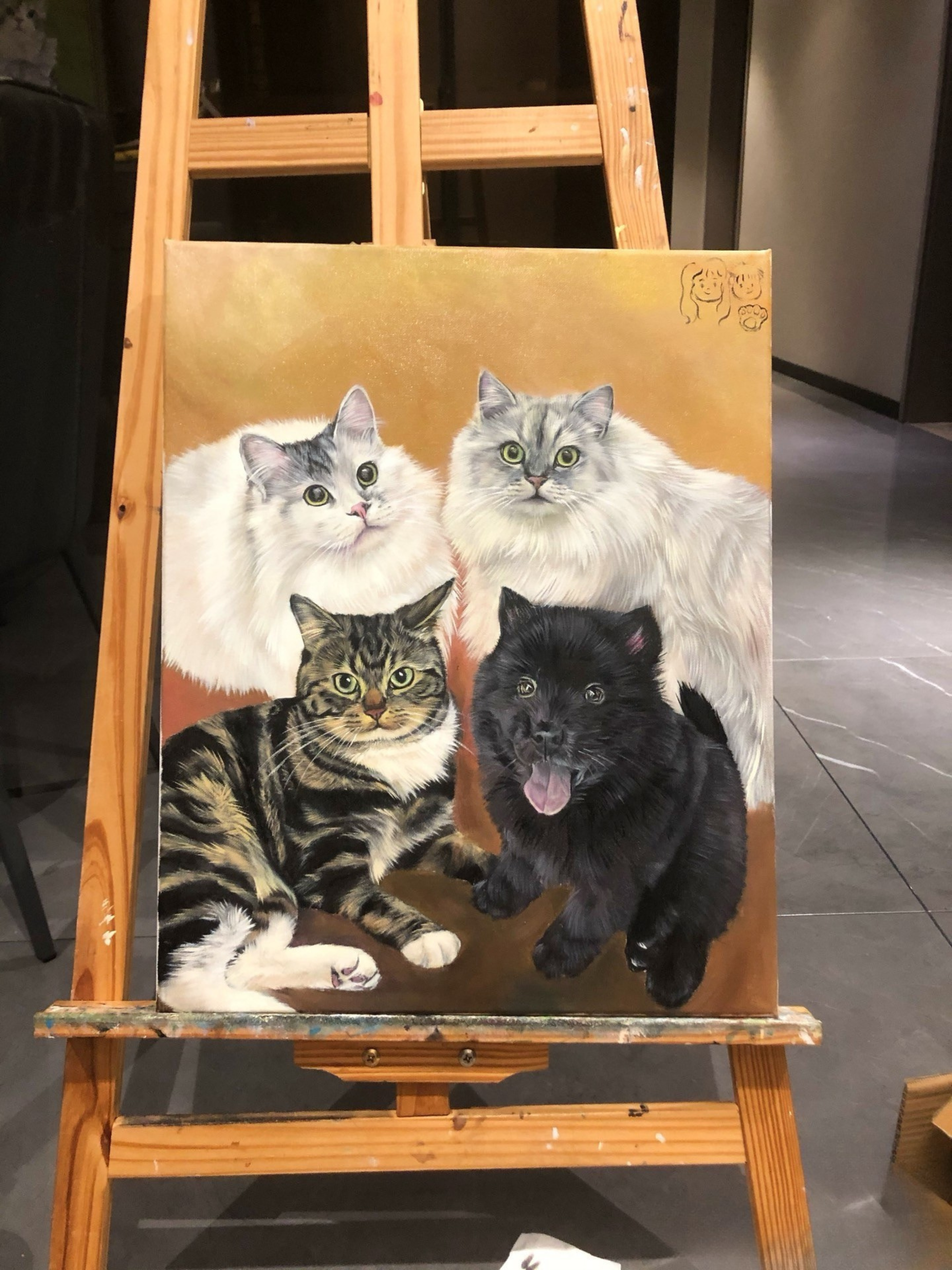 ustom hand-painted full body portrait of multiple pets on canvas from photo
