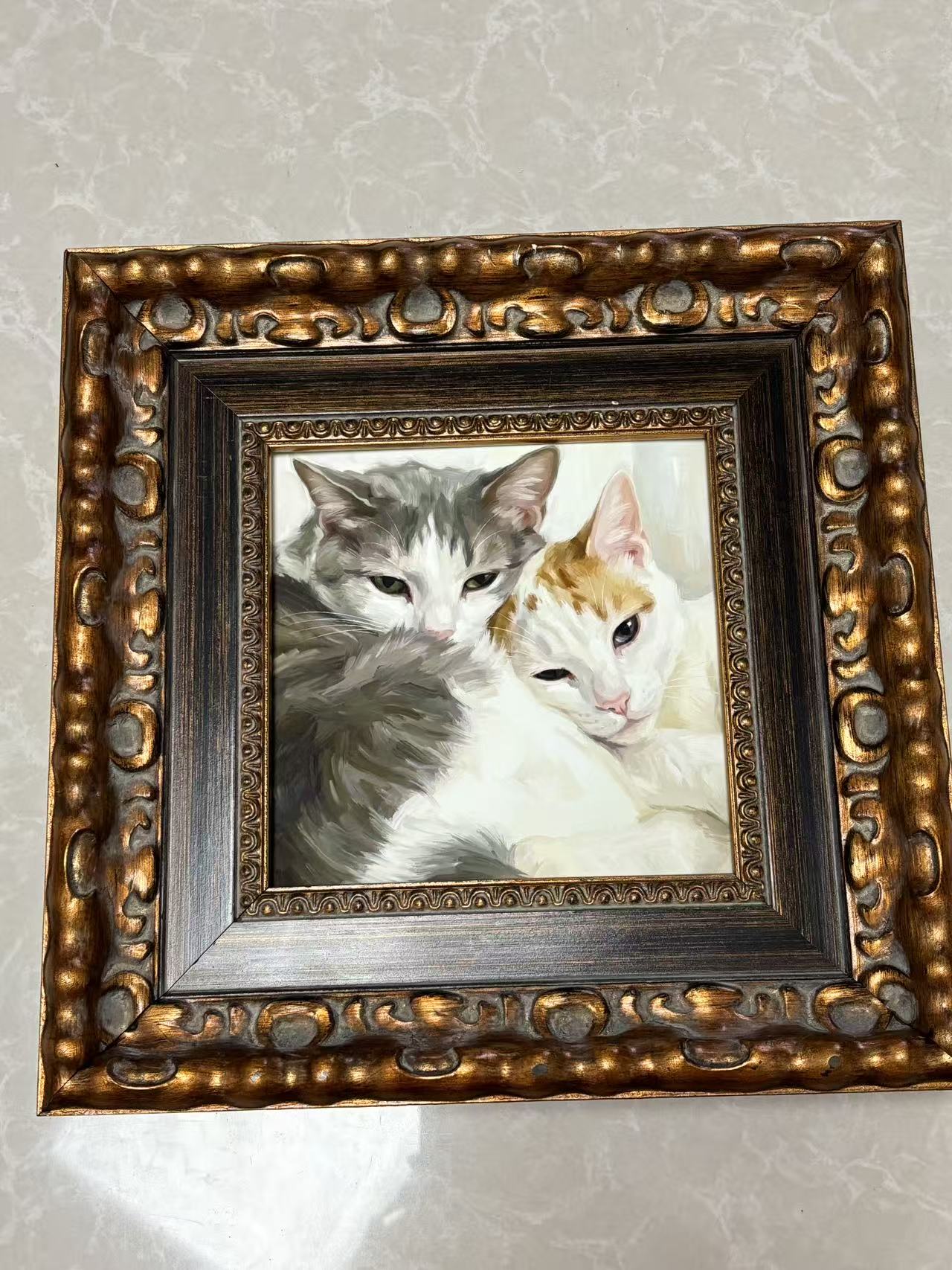 Custom framed pet portrait commissions in vintage Baroque wooden frame, hand-painted oil style wall art by Everpaw