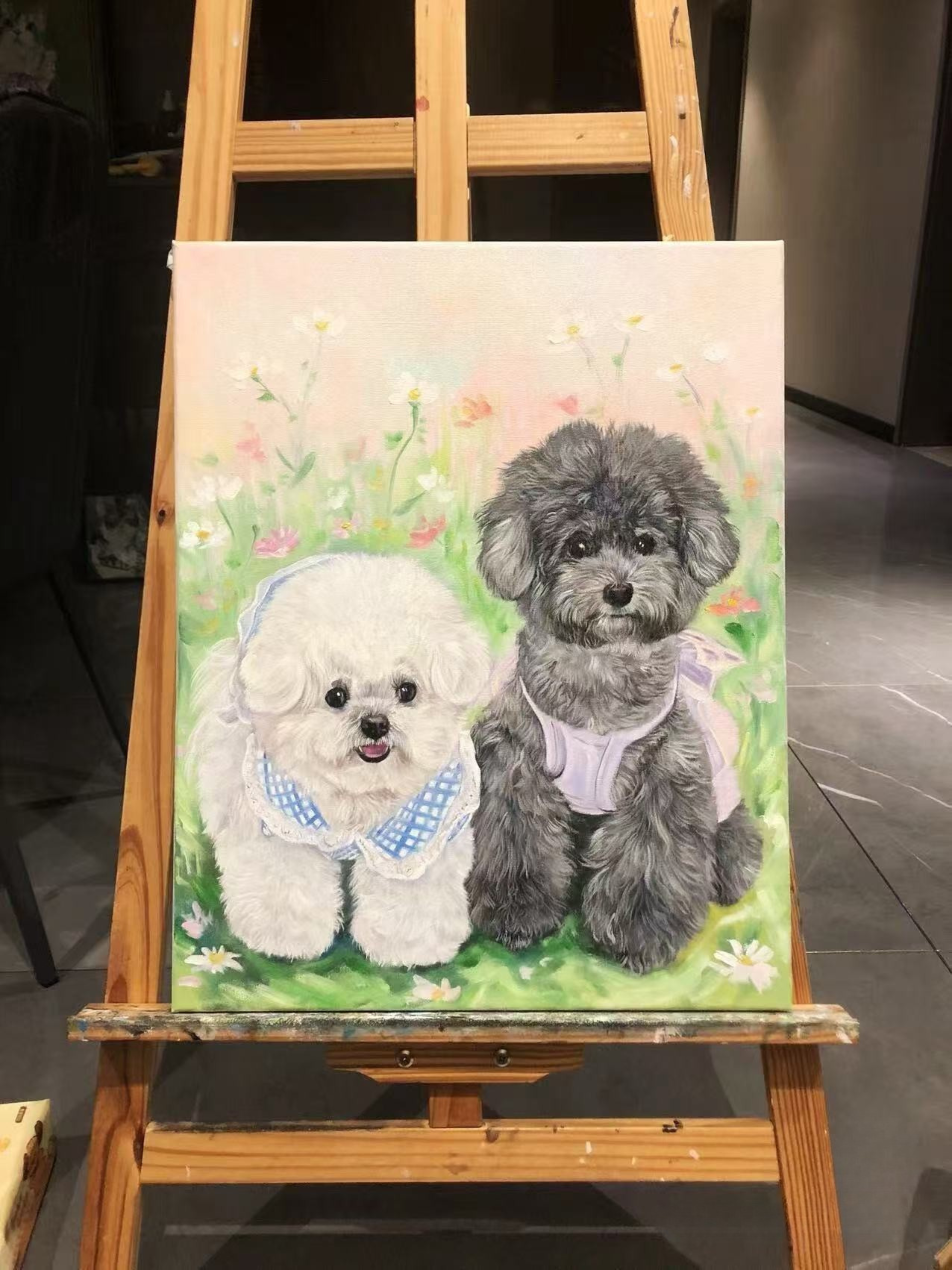 Personalized two pets full body oil painting portrait on canvas created from photo