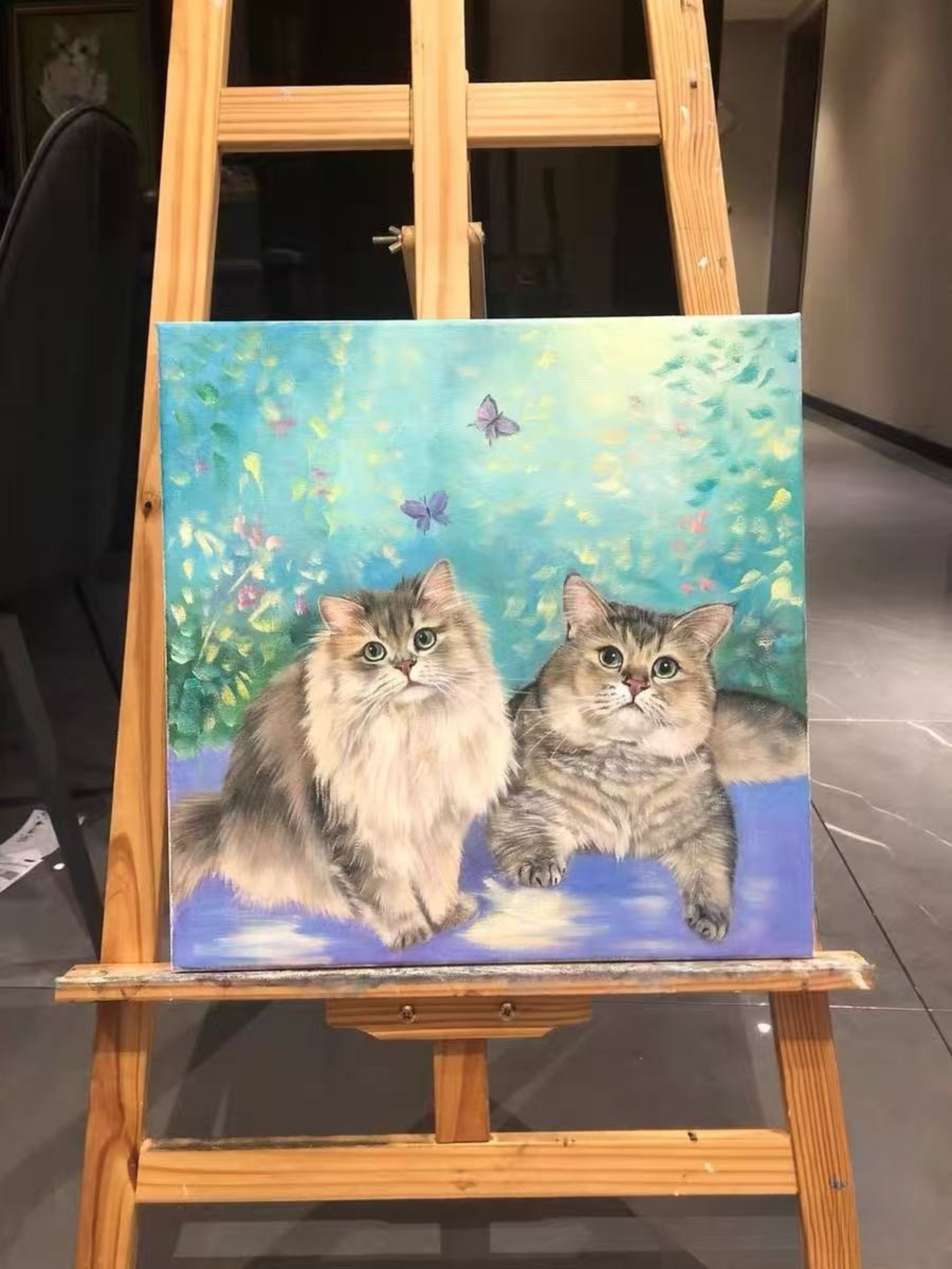 Personalized two pets full body oil painting portrait on canvas created from photo