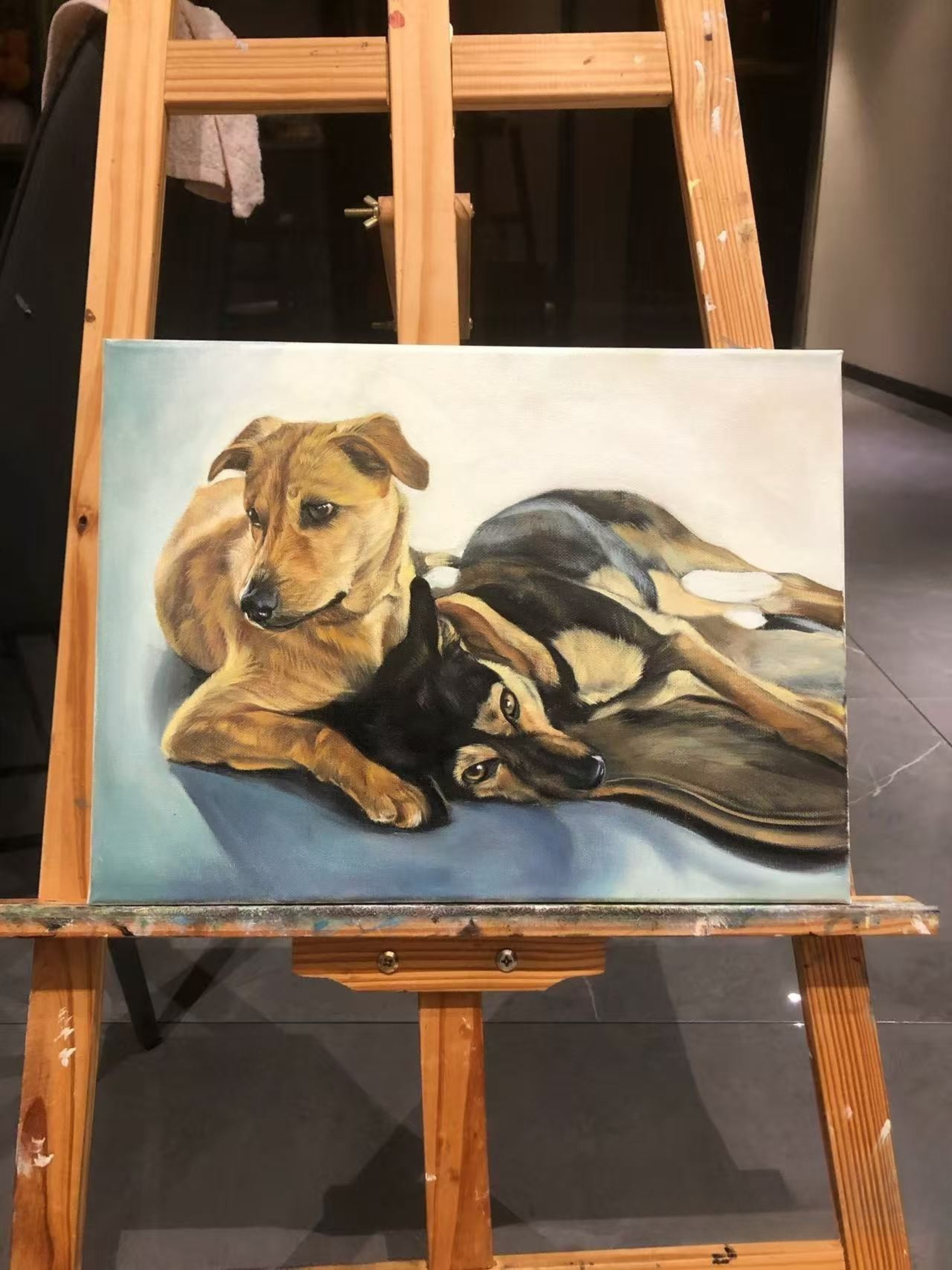 Personalized two pets full body oil painting portrait on canvas created from photo