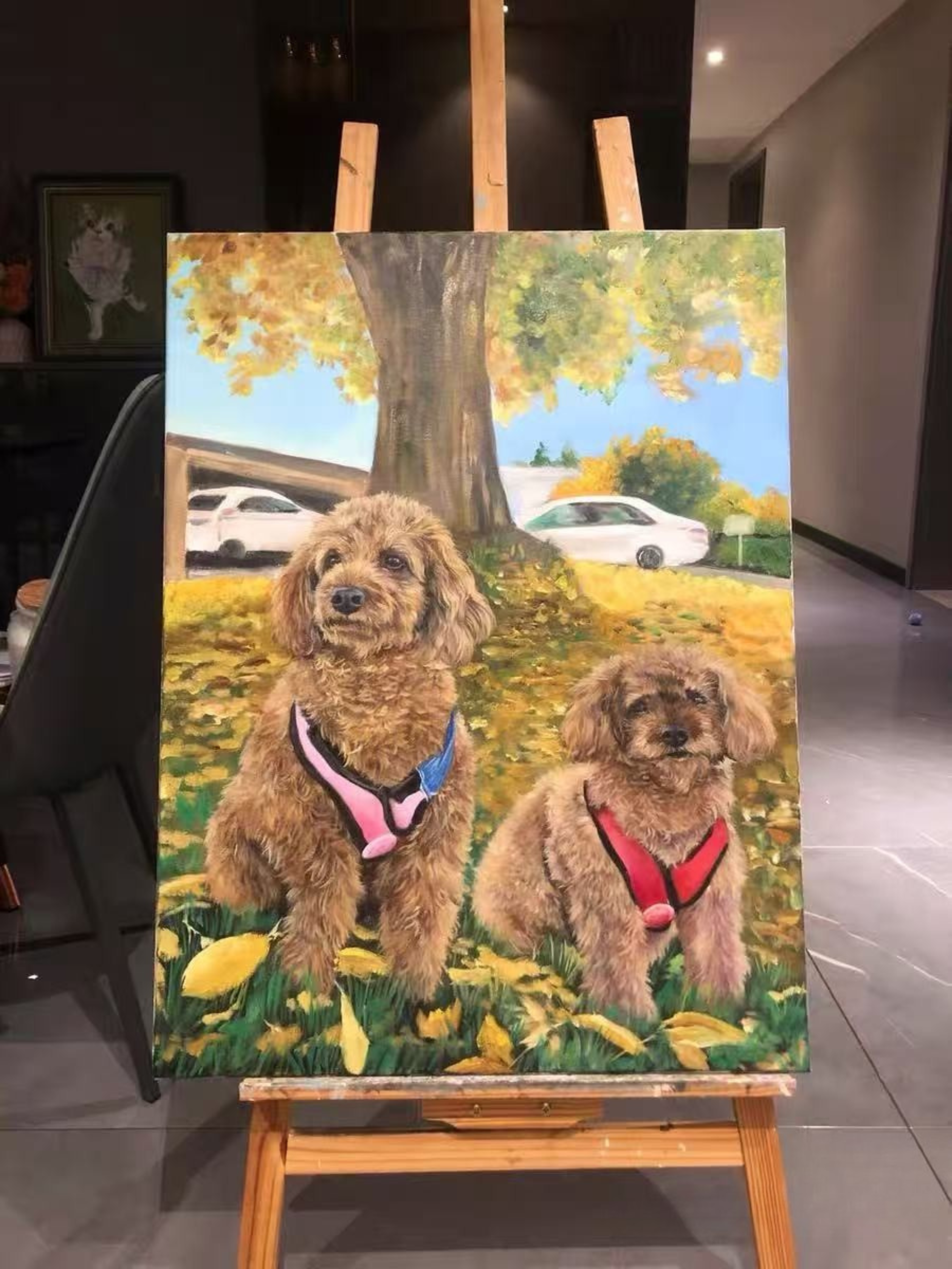 Personalized two pets full body oil painting portrait on canvas created from photo