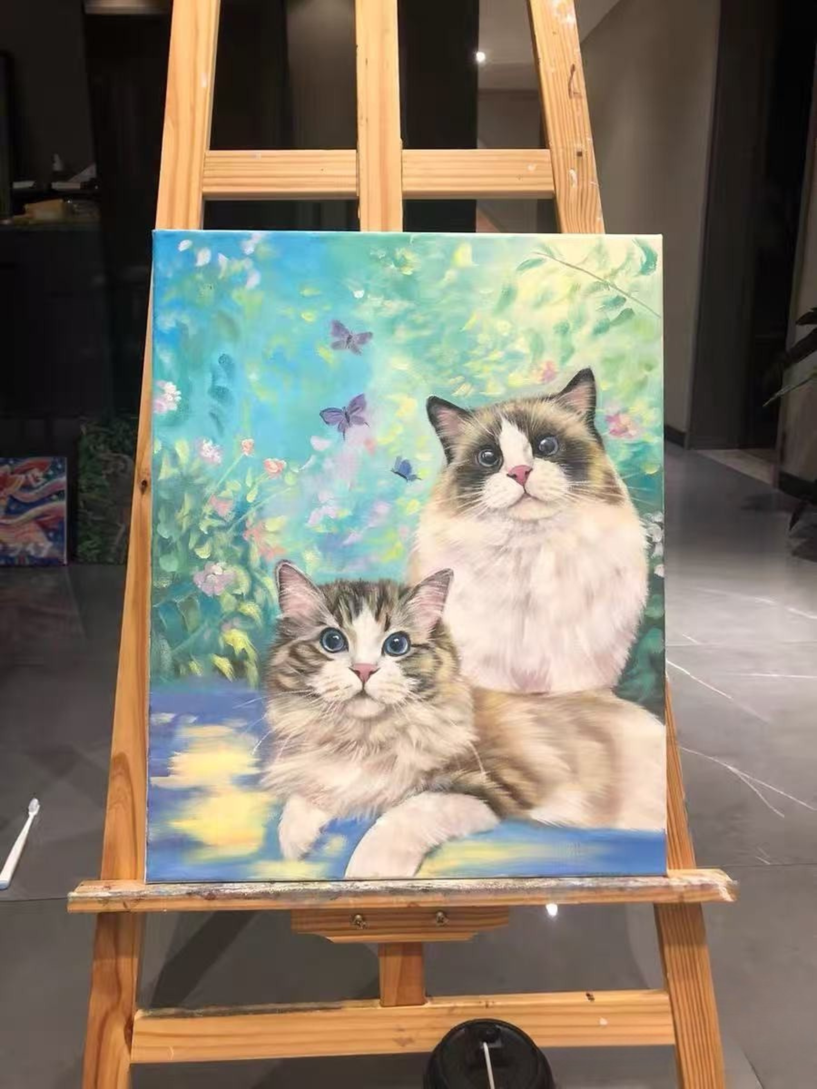 Personalized two pets full body oil painting portrait on canvas created from photo