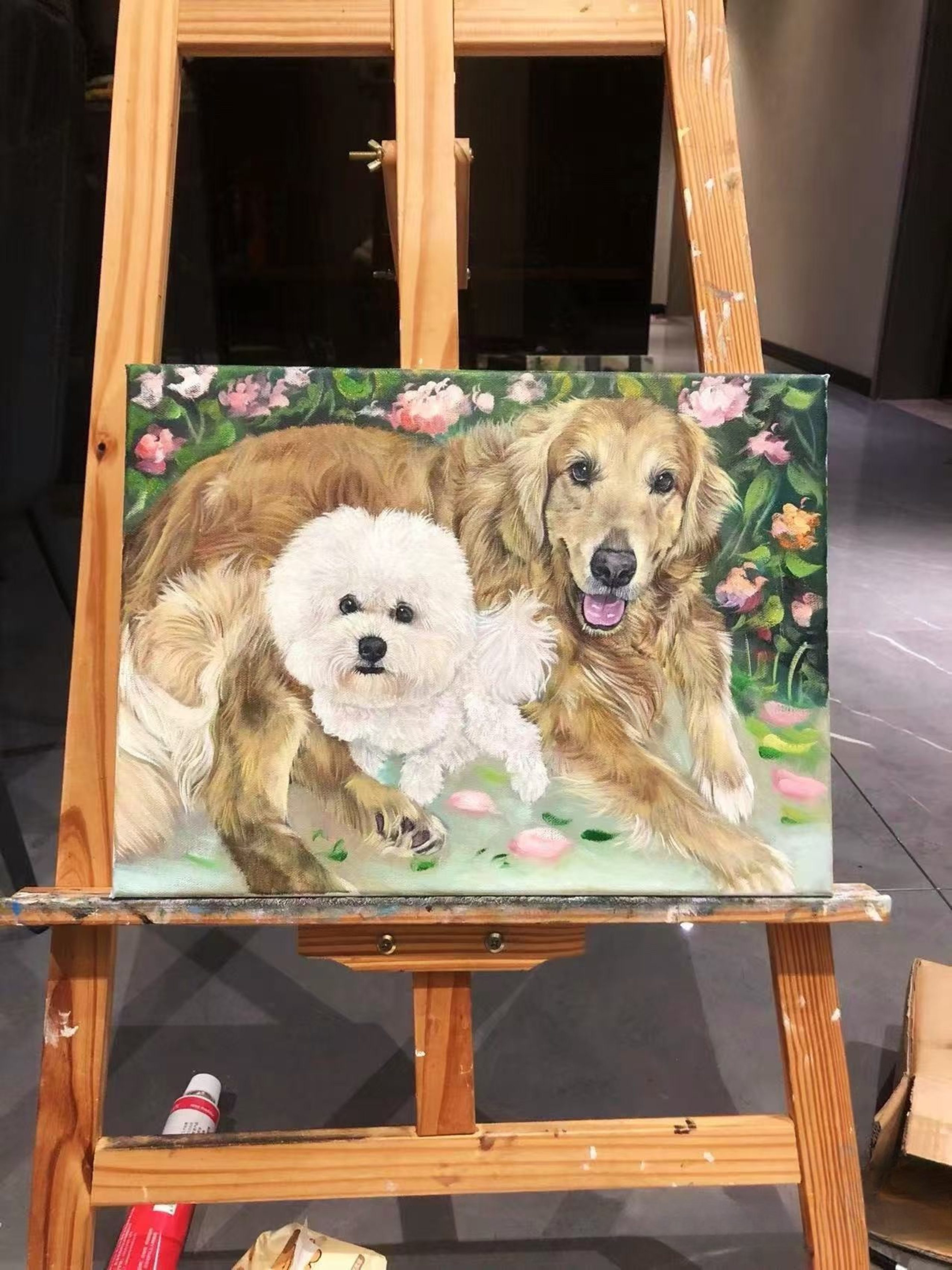 Personalized two pets full body oil painting portrait on canvas created from photo