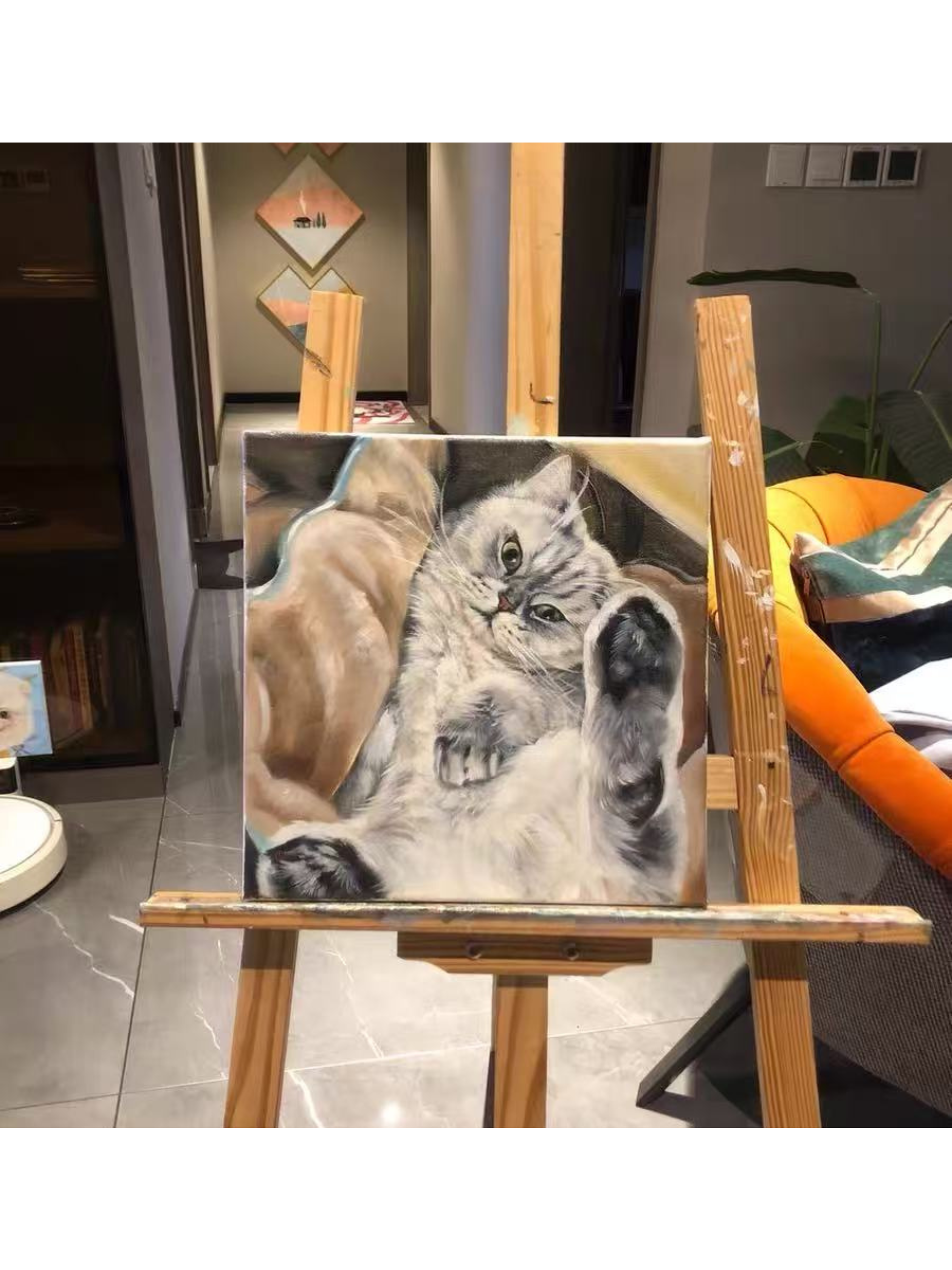Custom hand painted oil portrait of cat on canvas from photo showing Everpaw artwork